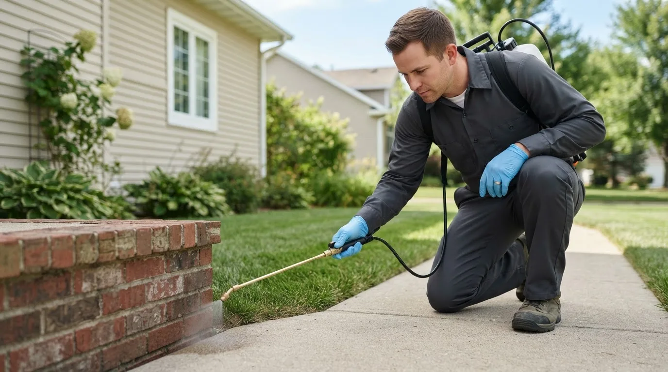 Pest control technician treating a home near Darwin, MN
